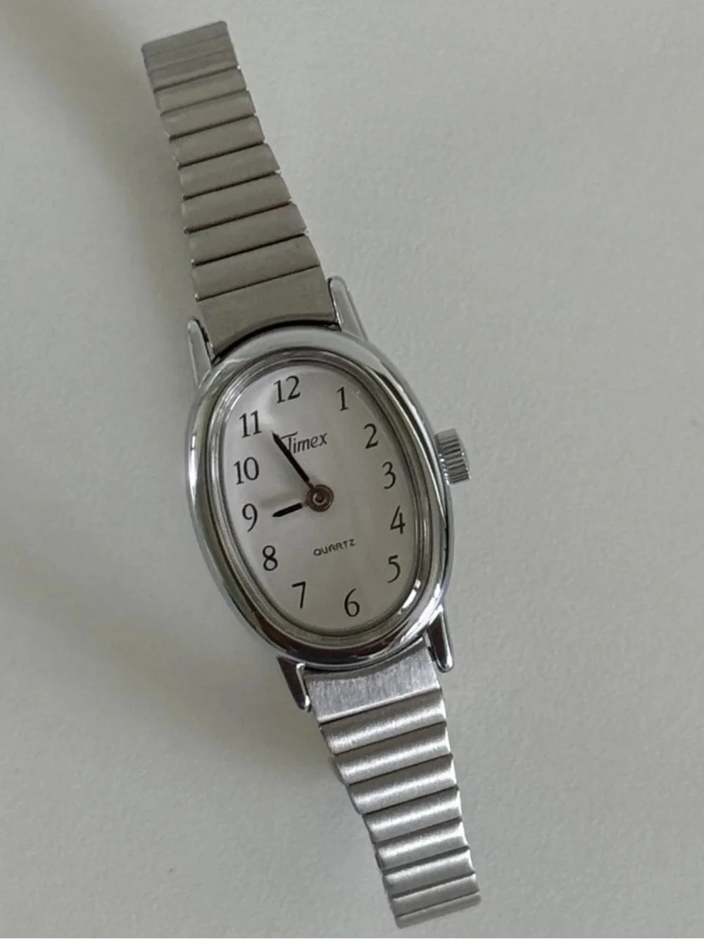 Timex Womens Oval Silver Tone Stainless Stretch Bracelet **Needs New Battery